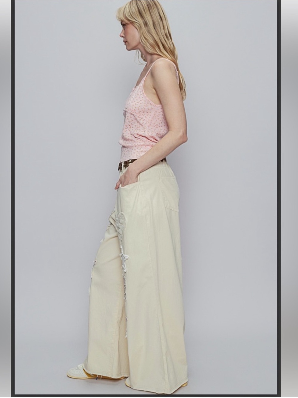 New: POL “Heart + Stars” Distressed Mixed Embroidery Patchwork Wide Leg Pants• M - Picture 3 of 5